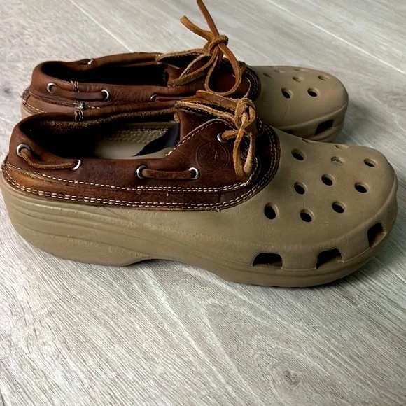 Crocs Islander Pit Crew Men’s 5/ Women’s 7 Lace -Up Brown Leather Boat Shoes - Picture 4 of 6